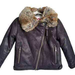 Appaman Moto Jacket Boys Size 5 Black Faux Fur Collar Trim Faux Leather Winter